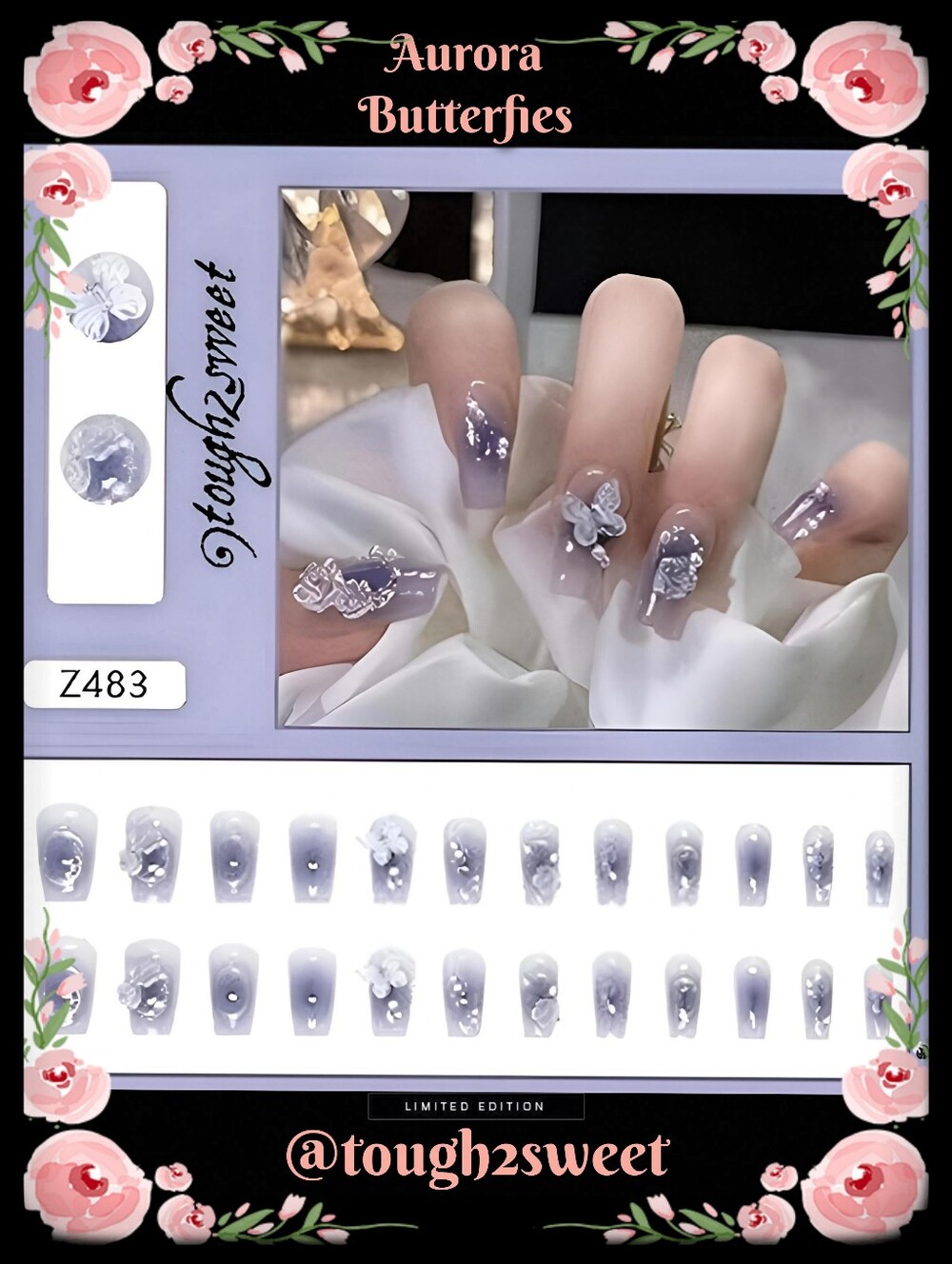 🆕️$6 OR 2 FOR $10~BLUE AURORA BUTTERFLY 24 DESIGNER PRESS~ON NAILS